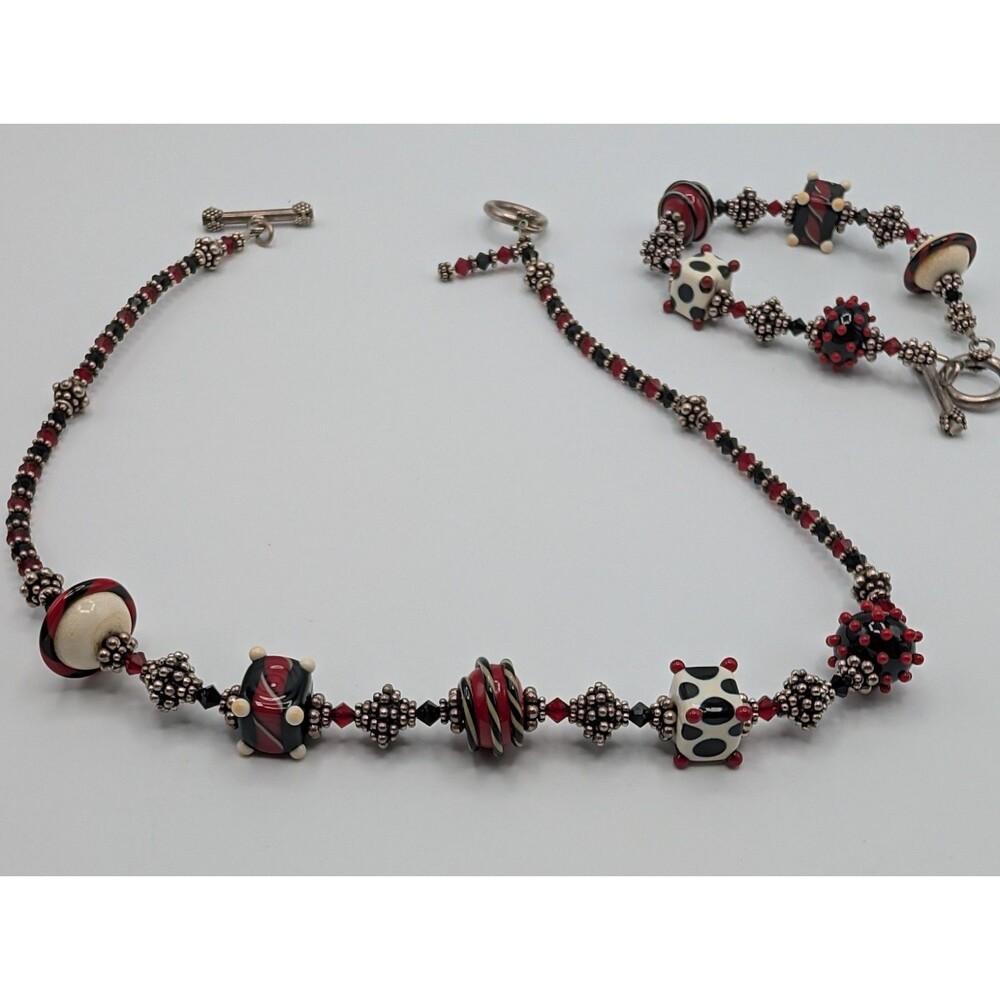 Vtg Artisan Lampwork Glass Crystal Beads 925 Sterling Bracelet Necklace Set Goth image 8